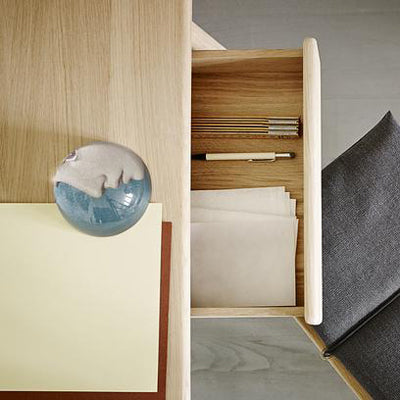 Georg Leaning Desk by Skagerak, showing closeup view of georg leaning desk in lives hot.