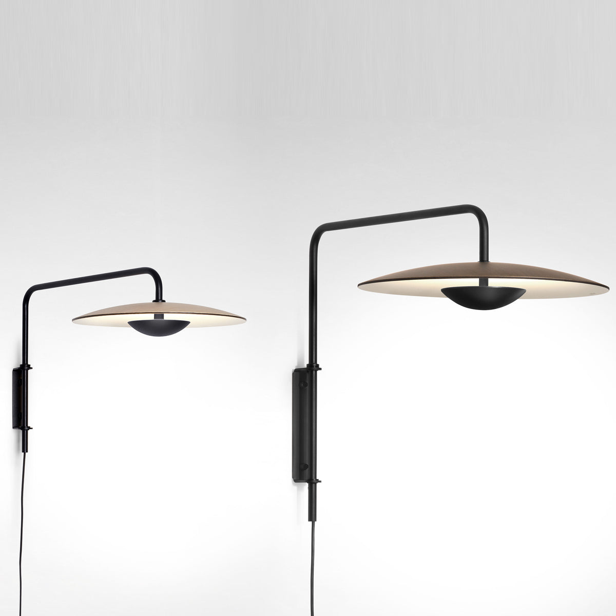 Ginger A Wall Lamp by Marset - showing 7.68" oak/white ginger a wall lamp with 12.6" wenge/white ginger a wall lamp in live shot.