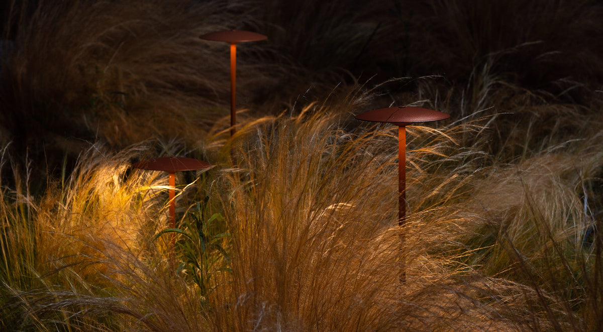 Ginger Bollard Outdoor Light by Marset, showing ginger bollard outdoor lights in live shot.