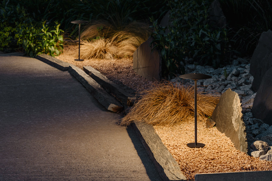 Ginger Bollard Outdoor Light by Marset, showing ginger bollard outdoor lights in live shot.
