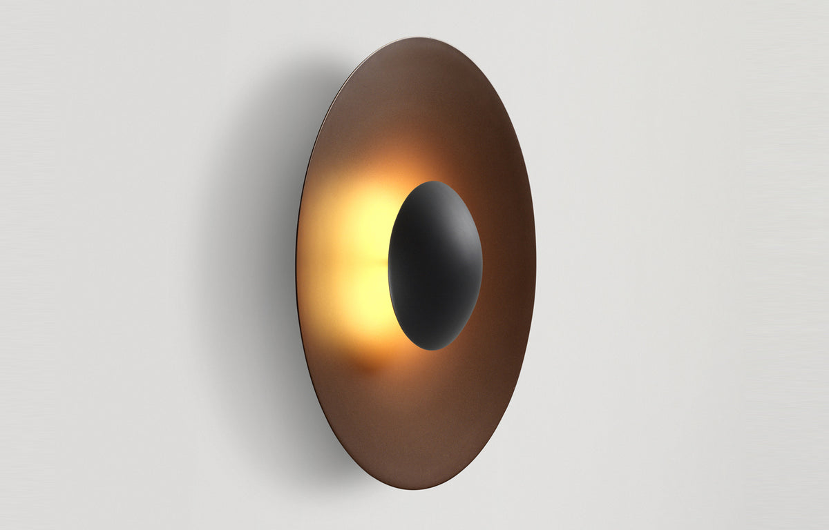 Ginger IP65 LED Outdoor Wall/Ceiling Light by Marset - 24"Dia. 60C + Triac/0-10V Dual Dimmable, Rust Brown Aluminum Shade.