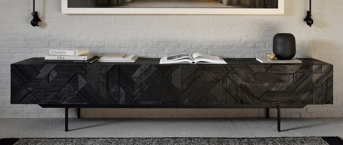 Graphic Teak TV Cupboard by Ethnicraft, showing of graphic teak tv cupboard in live shot.