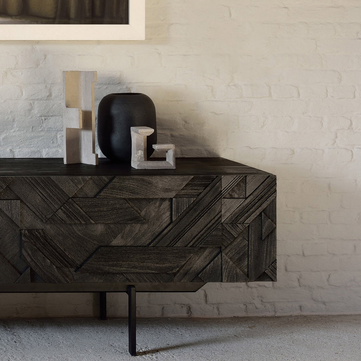 Graphic Teak TV Cupboard by Ethnicraft, showing of graphic teak tv cupboard in live shot.