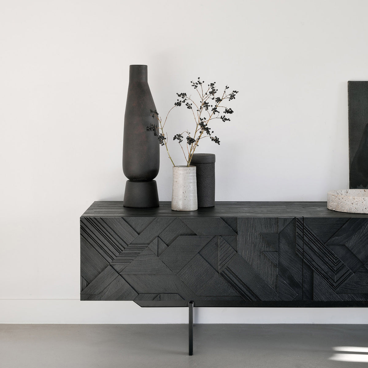 Graphic Teak TV Cupboard by Ethnicraft, showing of graphic teak tv cupboard in live shot.