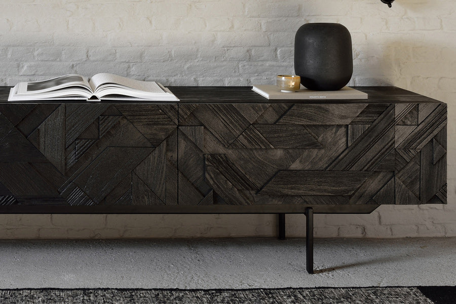 Graphic Teak TV Cupboard by Ethnicraft, showing of graphic teak tv cupboard in live shot.
