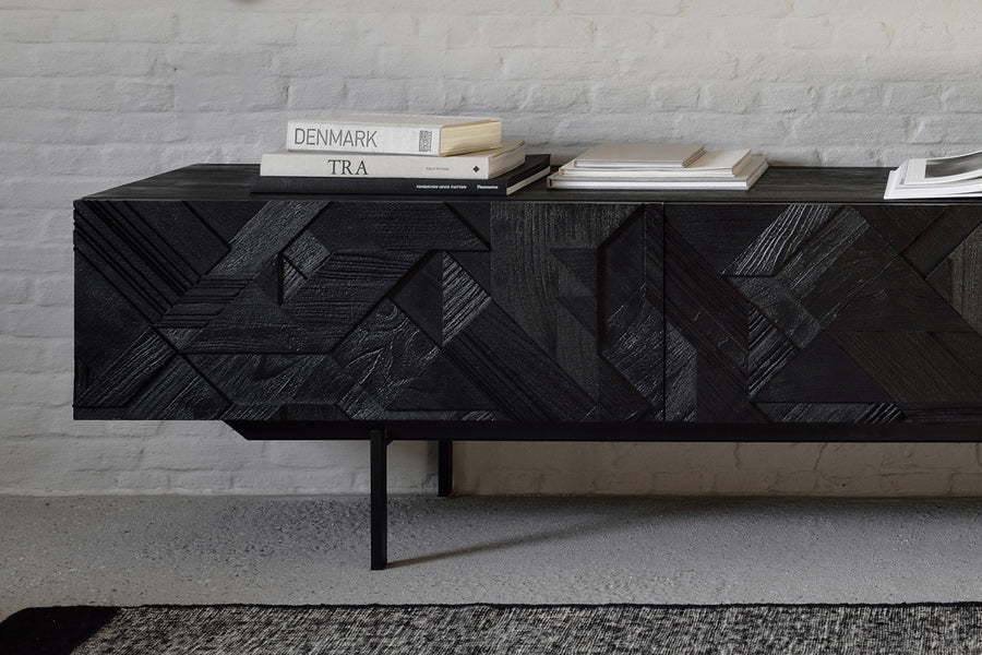 Graphic Teak TV Cupboard by Ethnicraft, showing of graphic teak tv cupboard in live shot.
