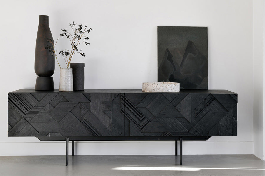 Graphic Teak TV Cupboard by Ethnicraft, showing of graphic teak tv cupboard in live shot.