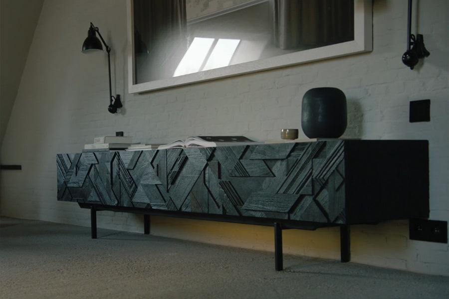 Graphic Teak TV Cupboard by Ethnicraft, showing of graphic teak tv cupboard in live shot.