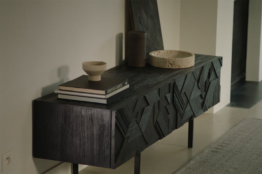 Graphic Teak TV Cupboard by Ethnicraft, showing of graphic teak tv cupboard in live shot.