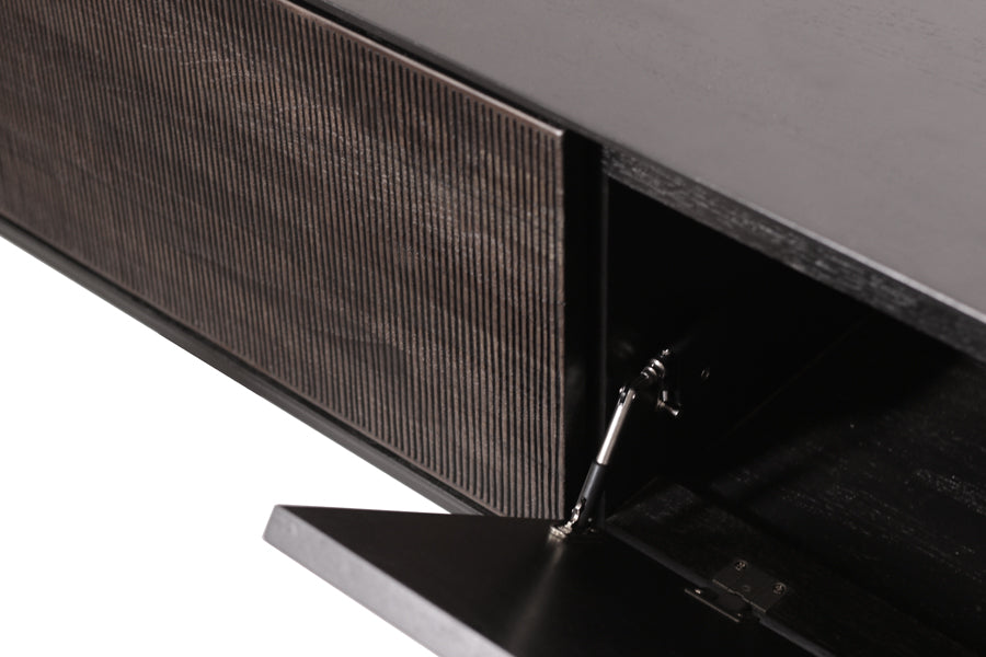 Grooves Teak Varnished Black TV Cupboard by Ethnicraft, showing closeup view of teak varnished black tv cupboard.