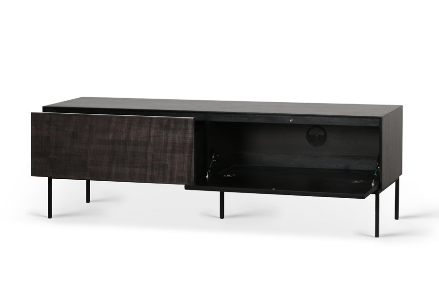 Grooves Teak Varnished Black TV Cupboard by Ethnicraft, showing angle view of teak varnished black tv cupboard (open).