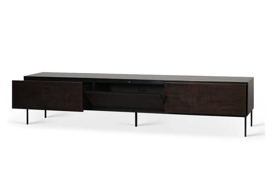 Grooves Teak Varnished Black TV Cupboard by Ethnicraft, showing angle view of teak varnished black tv cupboard (open).