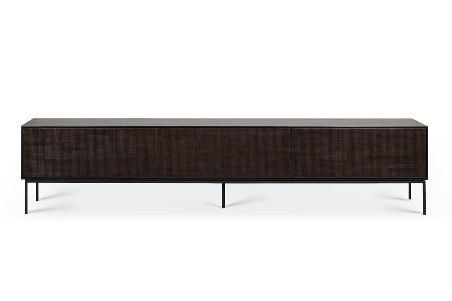 Grooves Teak Varnished Black TV Cupboard by Ethnicraft, showing front view of teak varnished black tv cupboard.