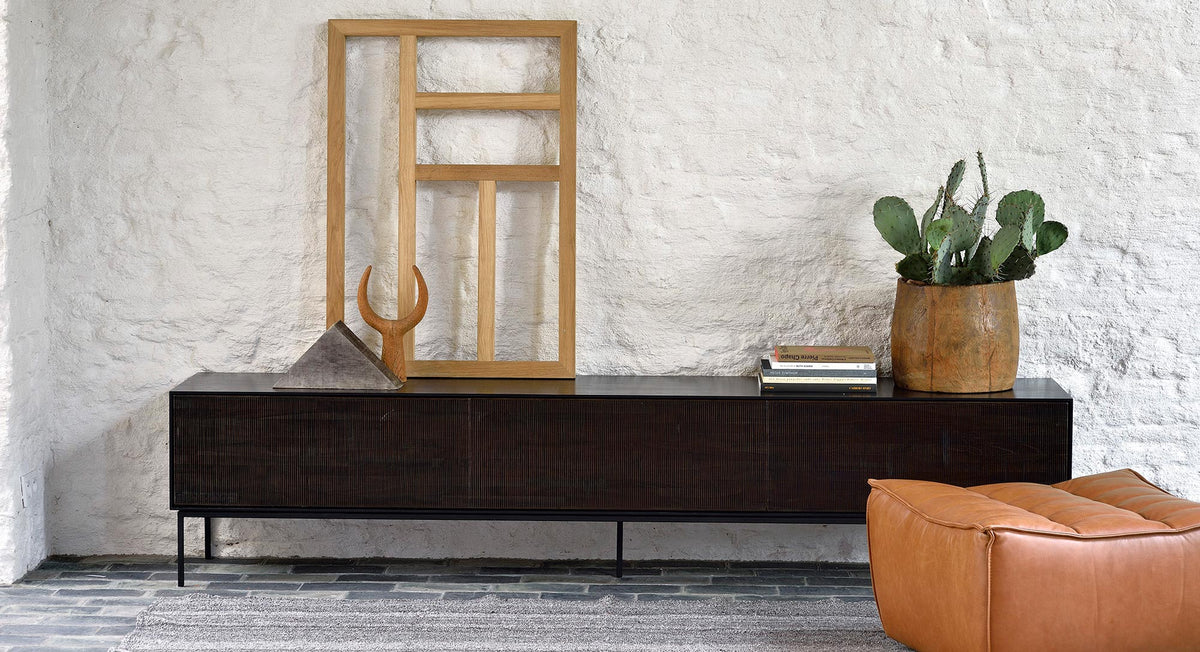 Grooves Teak Varnished Black TV Cupboard by Ethnicraft, showing front view of teak varnished black tv cupboard.