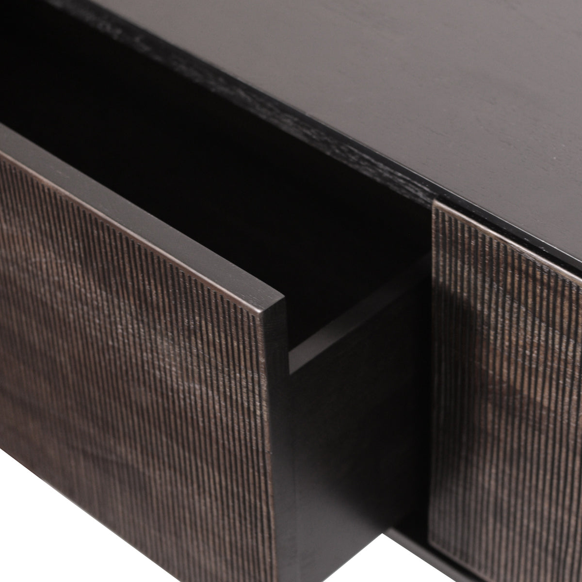 Grooves Teak Varnished Black TV Cupboard by Ethnicraft, showing closeup view of teak varnished black tv cupboard.