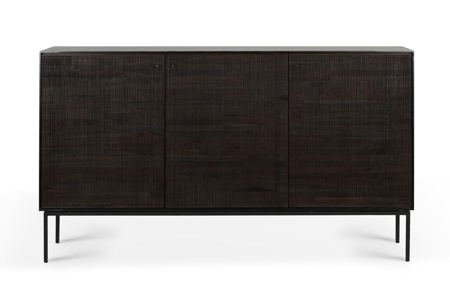 Grooves Teak Varnished Sideboard by Ethnicraft, showing front view of teak varnished sideboard 3 doors.