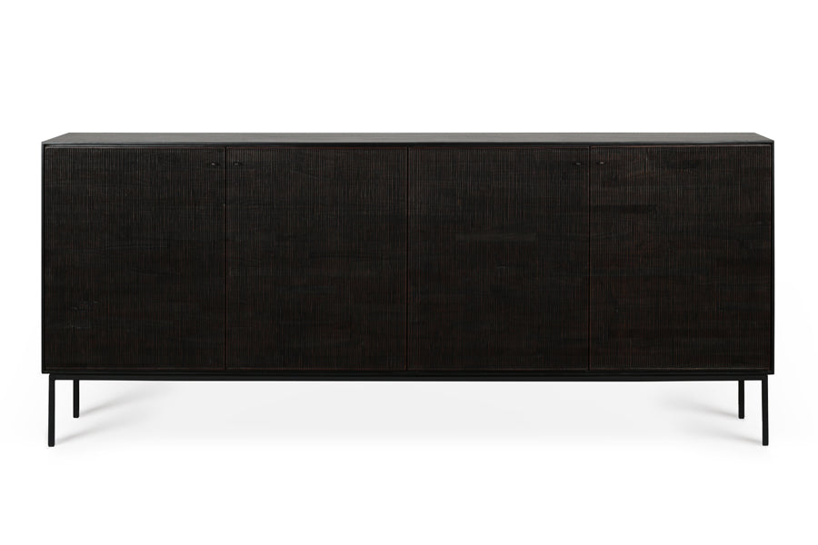 Grooves Teak Varnished Sideboard by Ethnicraft, showing front view of teak varnished sideboard 4 doors.