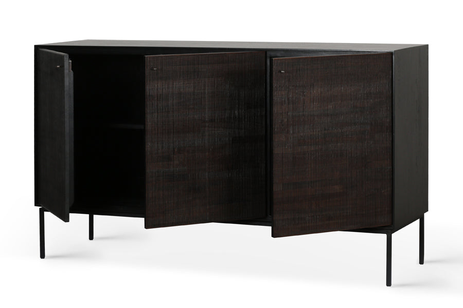 Grooves Teak Varnished Sideboard by Ethnicraft, showing angle view of teak varnished sideboard 3 doors (open).