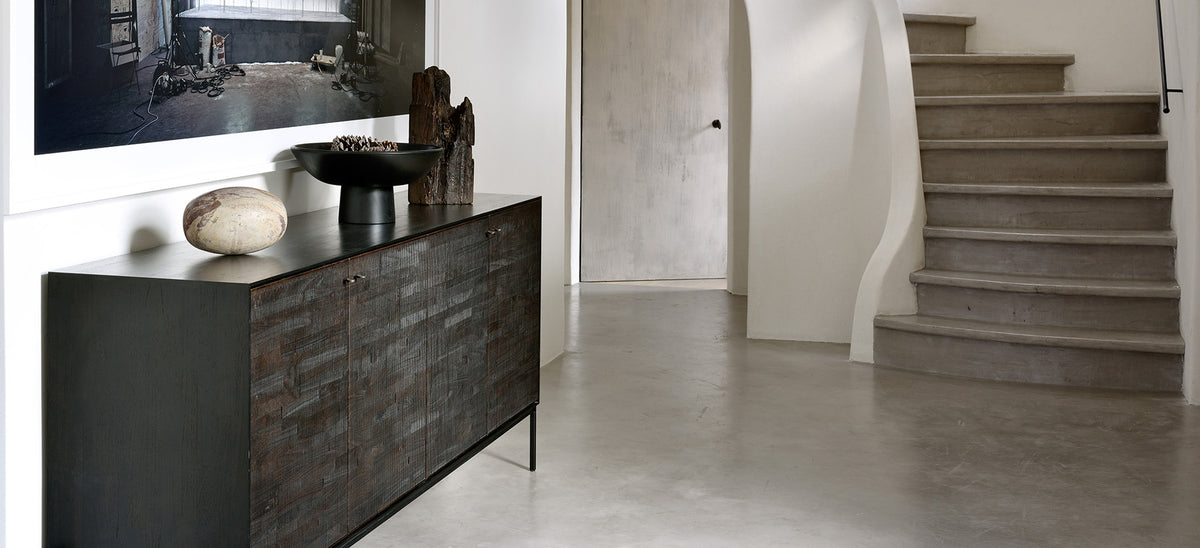 Grooves Teak Varnished Sideboard by Ethnicraft, showing angle view of teak varnished sideboard in live shot.