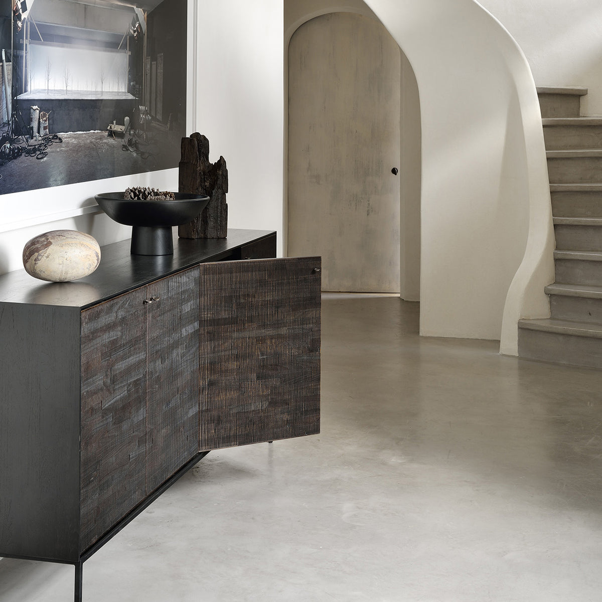 Grooves Teak Varnished Sideboard by Ethnicraft, showing angle view of teak varnished sideboard in live shot.