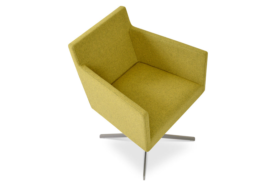 Harput 4 Star Swivel Arm Chair by Sohoconcept, showing top view of swivel arm chair in camira blazer amber wool with matt brushed nickel base.