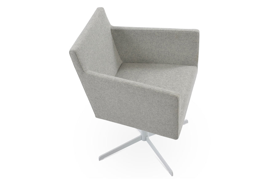 Harput 4 Star Swivel Arm Chair by Sohoconcept, showing angle view of swivel arm chair in camira blazer silver wool with white finish base.
