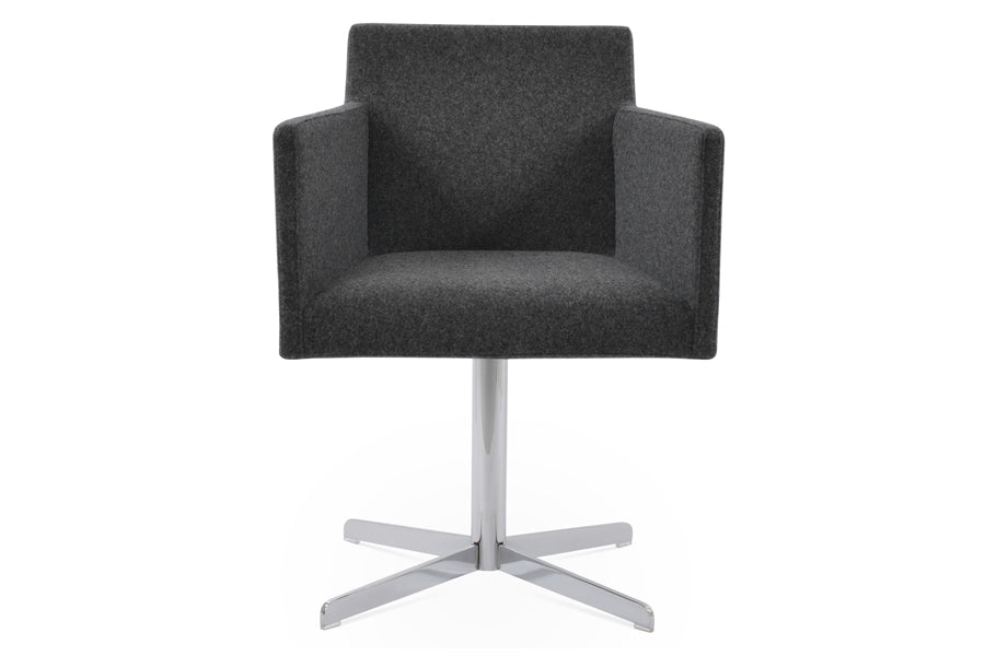 Harput 4 Star Swivel Arm Chair by Sohoconcept, showing front view of swivel arm chair in camira blazer dark grey wool with chrome finish base.
