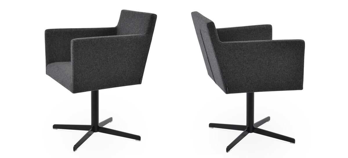 Harput 4 Star Swivel Arm Chair by Sohoconcept, showing different angles of swivel arm chairs in camira blazer dark grey wool with black finish base.