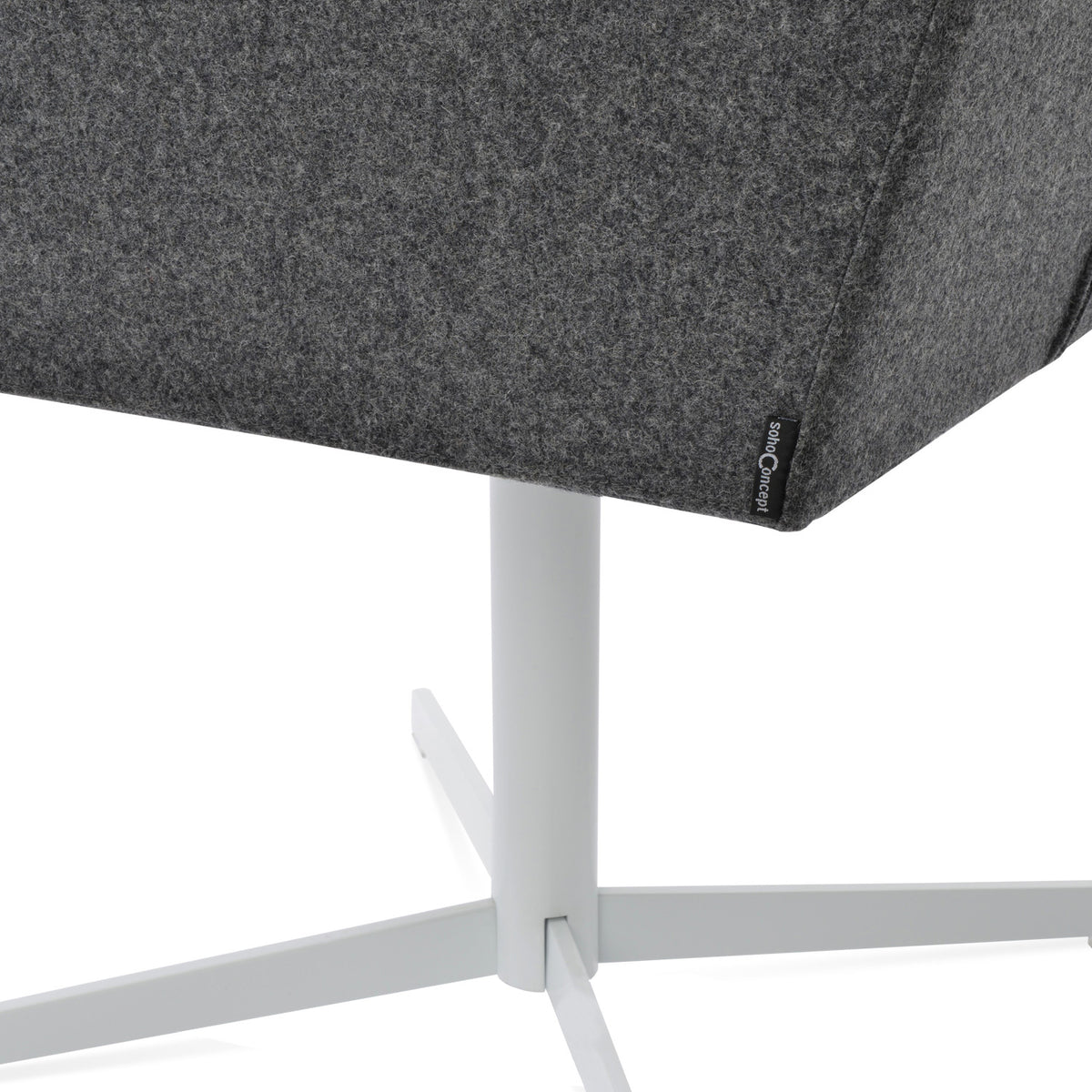 Harput 4 Star Swivel Arm Chair by Sohoconcept, showing closeup of swivel arm chair in camira blazer dark grey wool with white finish base.