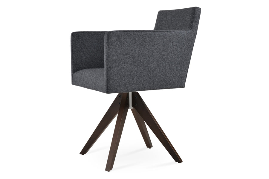 Harput Arm Pyramid Swivel Chair by SohoConcept, showing side view of pyramid swivel chair in camira blazer dark grey wool with walnut wood base.