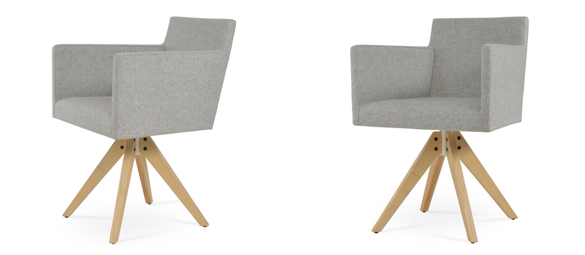 Harput Arm Pyramid Swivel Chair by SohoConcept, showing different angles of pyramid swivel chair in camira blazer silver wool with natural ash wood base.