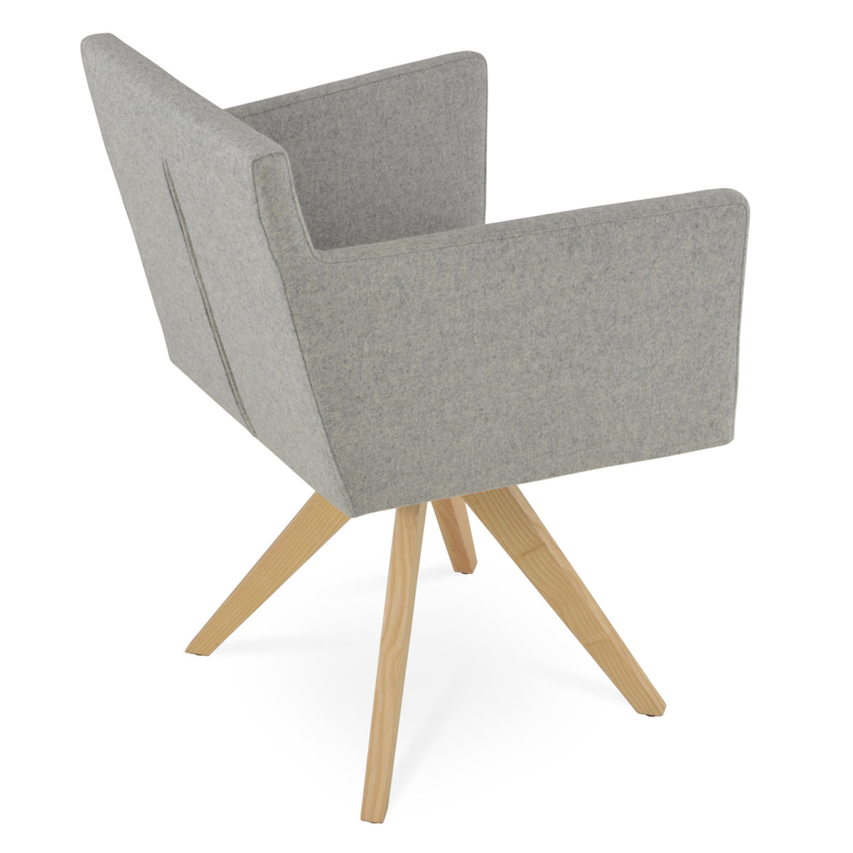 Harput Arm Pyramid Swivel Chair by SohoConcept, showing back angle view of pyramid swivel chair in camira blazer silver wool with natural ash wood base.