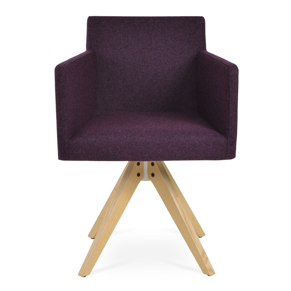 Harput Arm Pyramid Swivel Chair by SohoConcept, showing front view of pyramid swivel chair in camira blazer deep maroon wool with natural ash wood base.