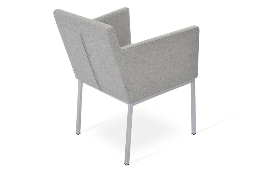 Harput Chrome Arm Chair by SohoConcept, showing back angle view of chrome arm chair in camira blazer silver wool.