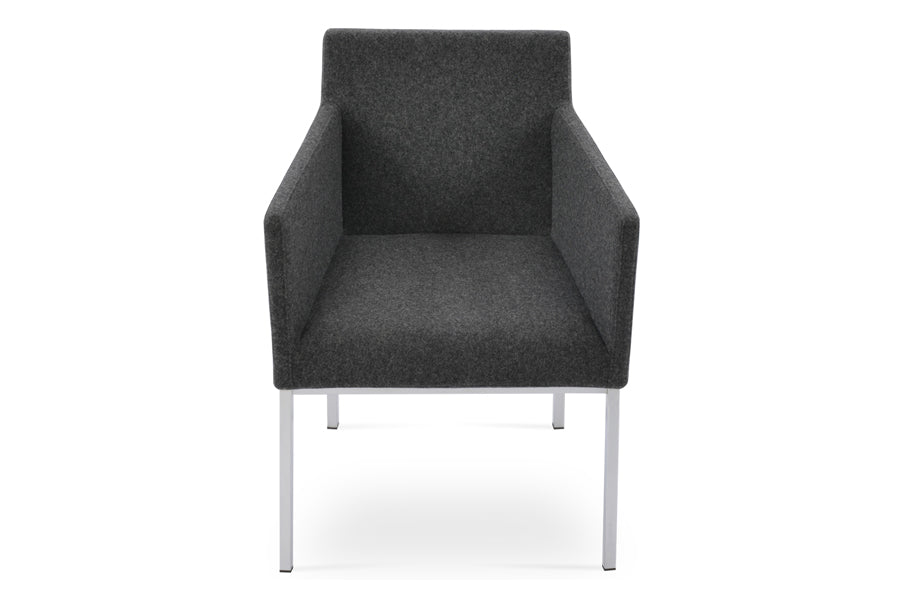 Harput Chrome Arm Chair by SohoConcept, showing front view of chrome arm chair in camira blazer dark grey wool.