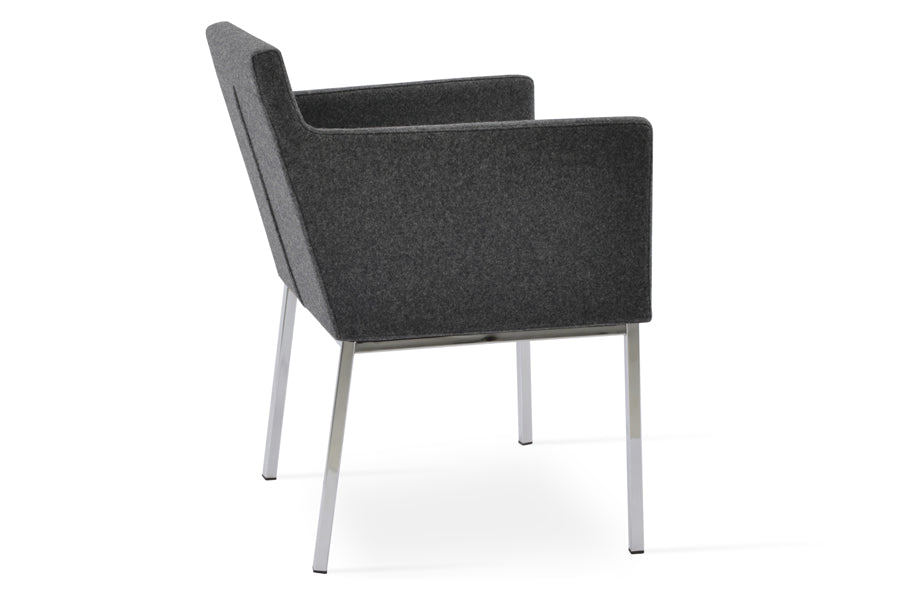 Harput Chrome Arm Chair by SohoConcept, showing side view of chrome arm chair in camira blazer dark grey wool.