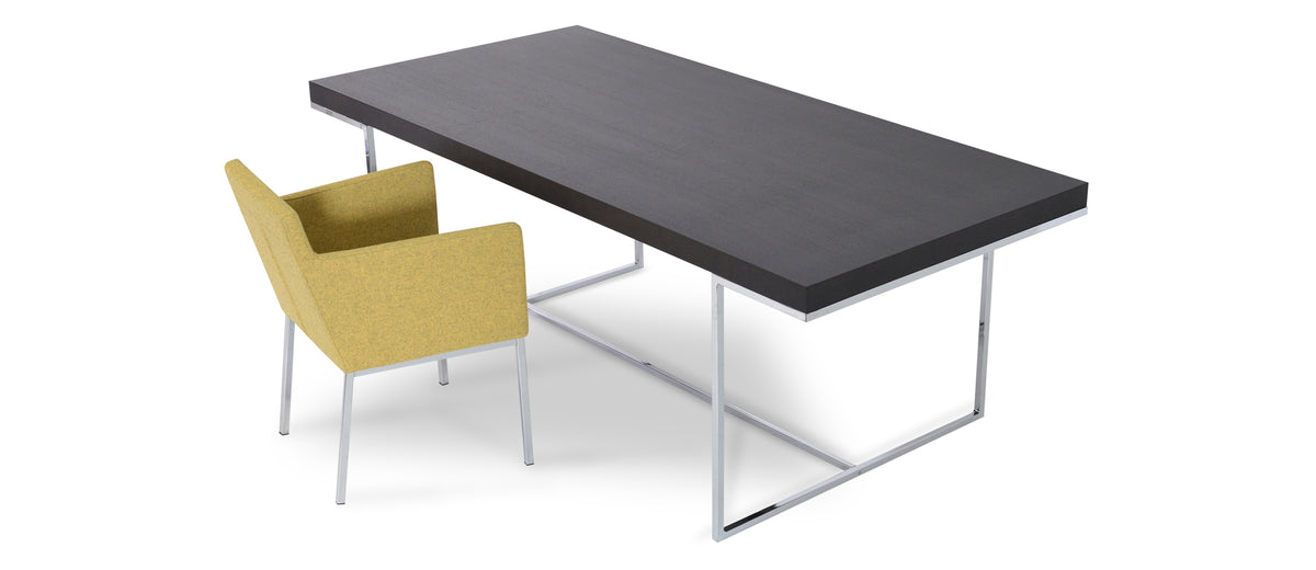 Harput Chrome Arm Chair by SohoConcept, showing chrome arm chair in camira blazer amber wool with madrid dining table.