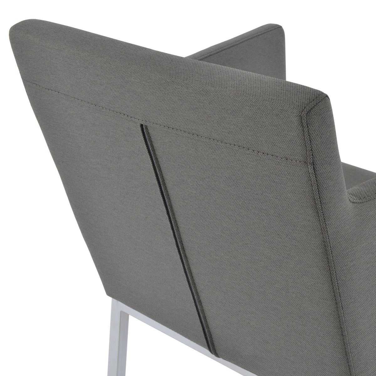 Harput Chrome Arm Chair by SohoConcept, showing closeup of chrome arm chair in camira era grey fabric.