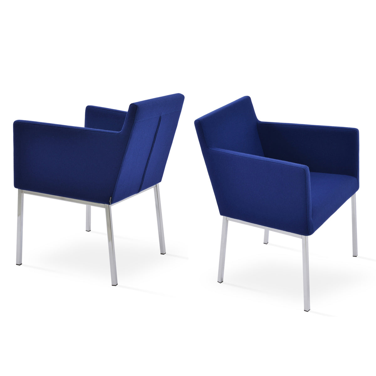 Harput Chrome Arm Chair by SohoConcept, showing different angles of chrome arm chair in camira blazer royal blue wool.
