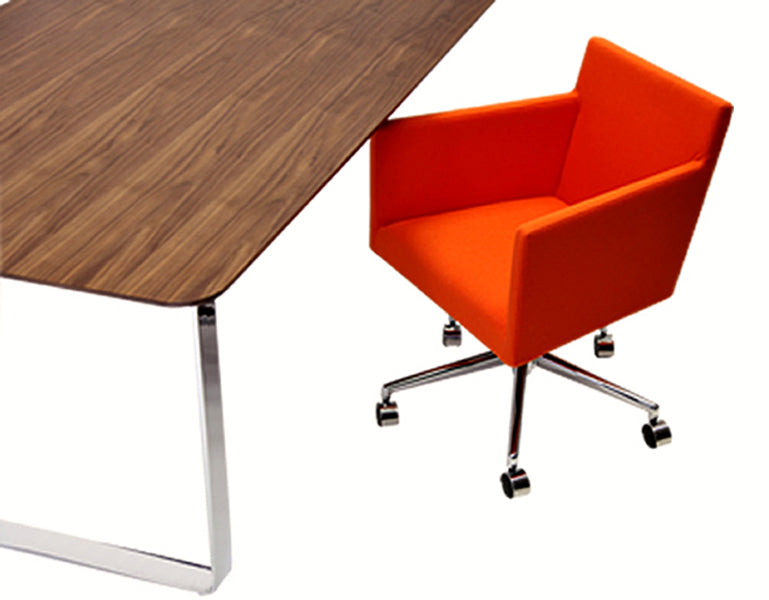 Harput Office Arm Chair by sohoConcept, shown in orange wool with table.