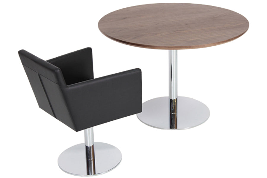 Harput Round Swivel Arm Chair by sohoConcept, shown in black genuine leather with chrome base.