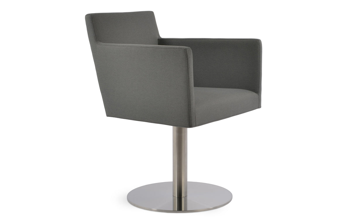 Harput Round Swivel Arm Chair by SohoConcept - Brushed Stainless Steel, Camira Era Grey Fabric.