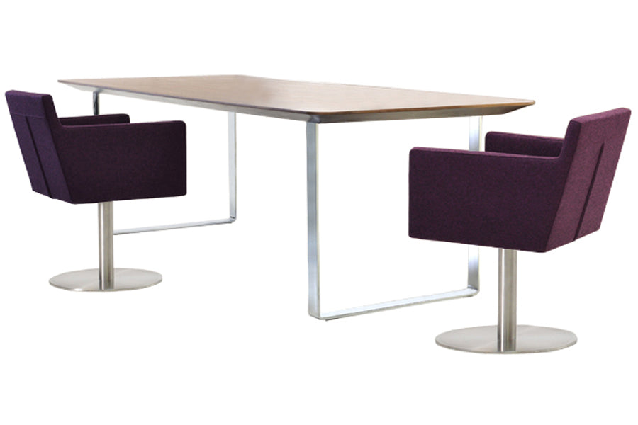 Harput Round Swivel Arm Chair by SohoConcept, Shown in Deep Maroon Camira Wool with Stainless Steel Base and Anne Table Walnut.