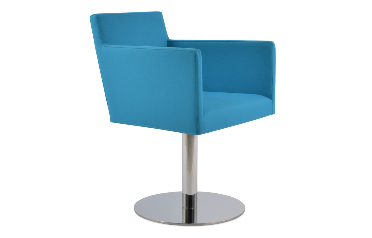 Harput Round Swivel Arm Chair by SohoConcept - Polished Stainless Steel, Camira Era Turquoise Fabric.