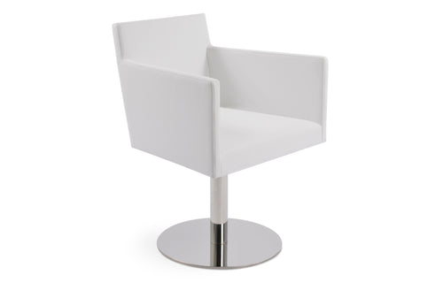 Harput Round Swivel Arm Chair by SohoConcept - Polished Stainless Steel, White Leatherette.