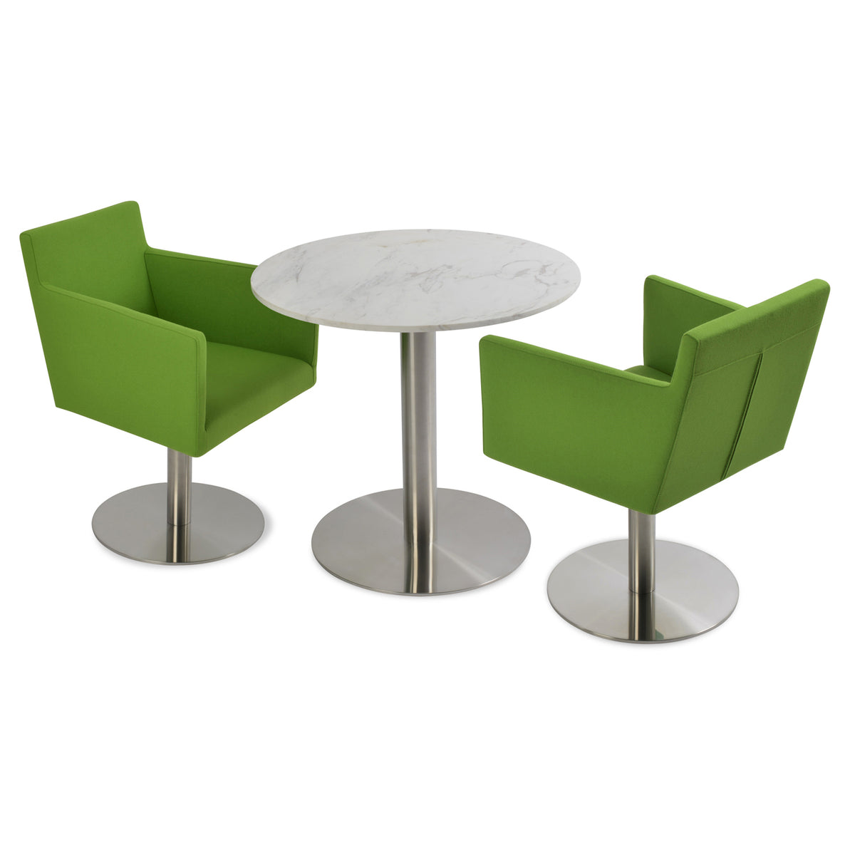 Harput Round Swivel Arm Chair by SohoConcept, showing two chairs in camira blazer pistachio wool with brushed stainless steel base and tango dining marble table.