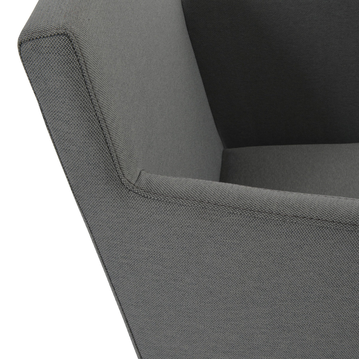 Harput Round Swivel Arm Chair by SohoConcept, showing closeup of chair in camira era grey fabric.