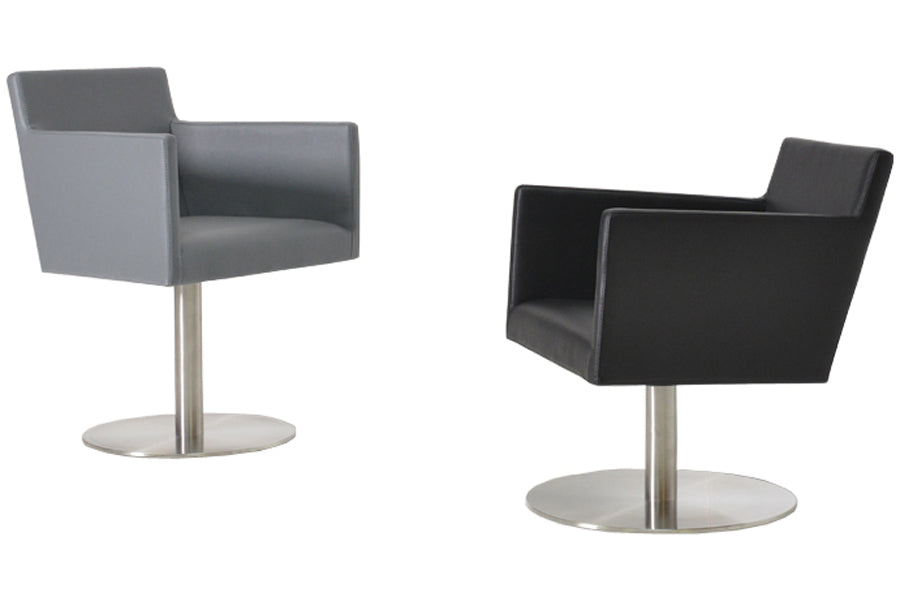 Harput Round Swivel Arm Chair by SohoConcept, shown in Black Leatherette with Stainless Steel Base.