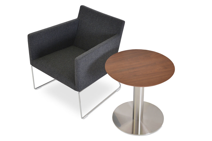 Harput Sled Base Lounge Chair by SohoConcept, showing harput lounge wire chair in dark grey wool & tango walnut end table.