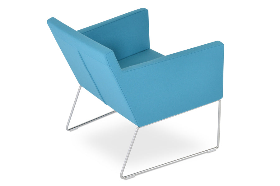 Harput Sled Base Lounge Chair by SohoConcept, showing angle view of harput lounge wire chair in turquoise camira wool.